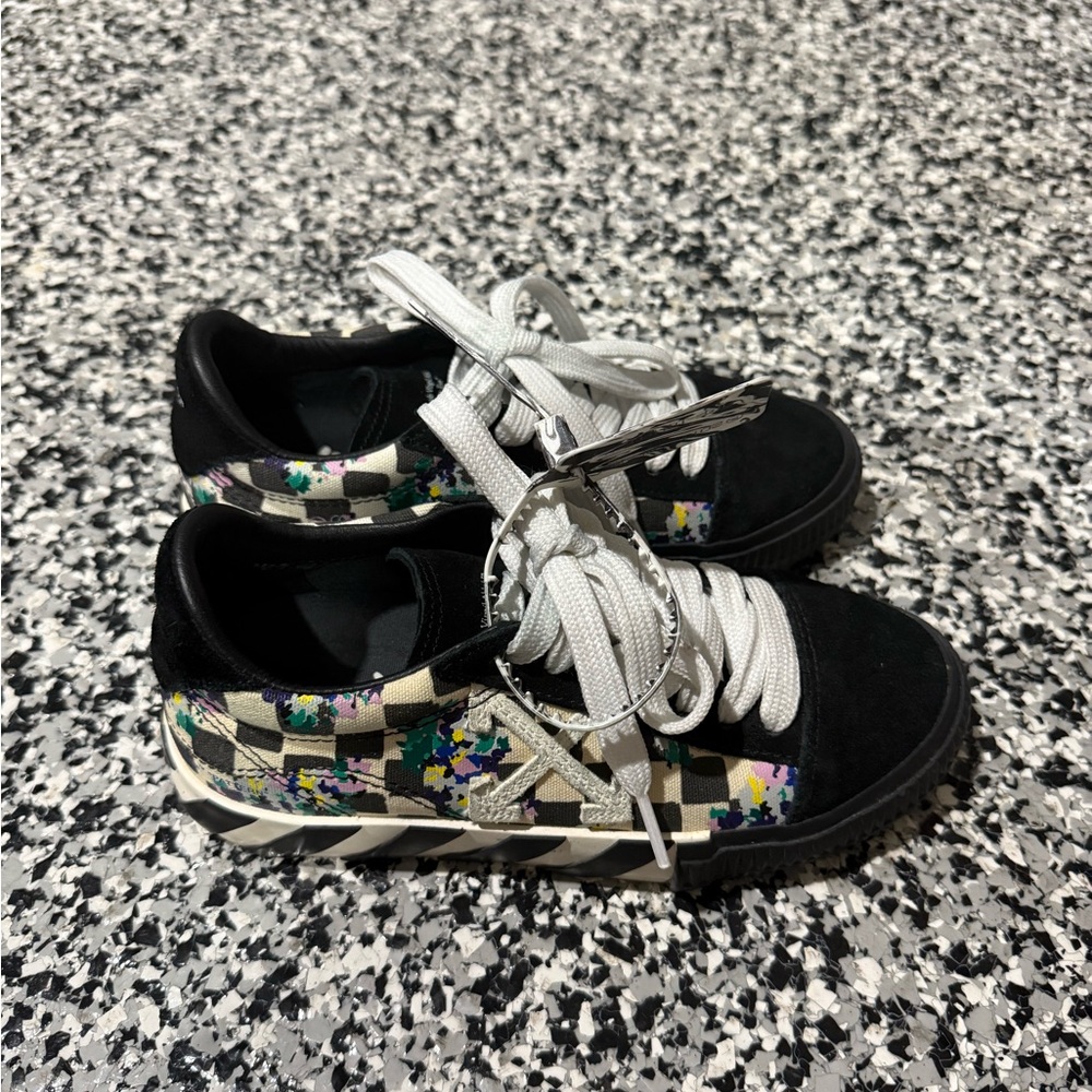 Off White Womens Checkerboard Sneakers Black Base and Colorful Paint Splatter